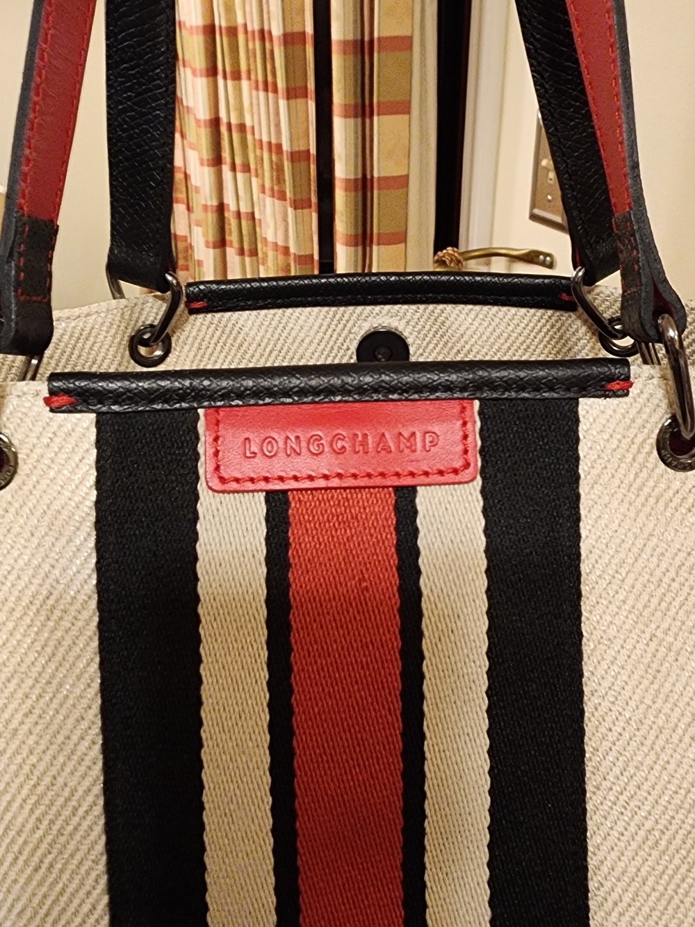 Longchamp Beige Canvas Tote with Black and Red Stripe - Picture 2 of 14